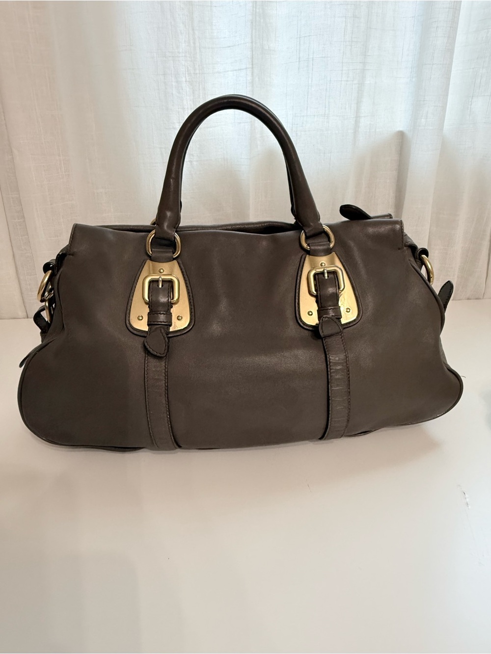 Prada Taupe Gray Leather Satchel Crossbody Bag with Gold Hardware Vitello Daino - Picture 3 of 15